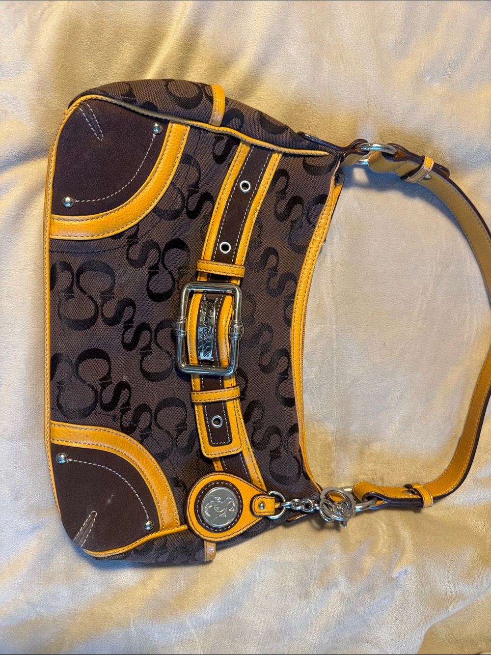 Sophia Caperelli Brown Signature Canvas Shoulder Bag with Yellow Trim
